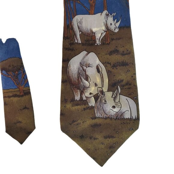 1991 Vintage WWF Silk Tie #141 Black Rhinoceros Blue Mlticolor Mens 4.5" x 60" - Picture 8 of 9